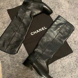 CHANEL Black Over the Knee Leather Boots